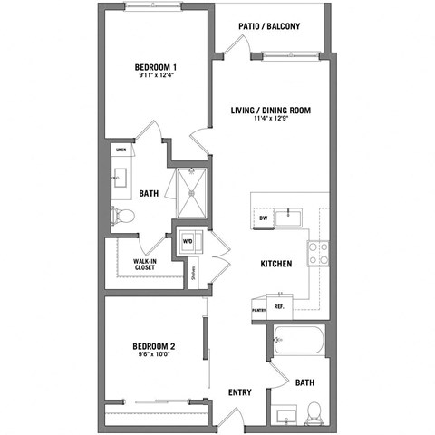 Floor plan for 2 beds, 2 baths, 877 sqft